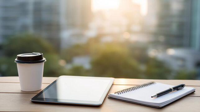 A coffee cup, whiteboard, and digital tablet