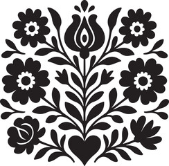 Traditional hungarian folk art floral pattern with stylized flowers, leaves, and a heart motif in black and white vector design. isolated on white background, Vector, illustration