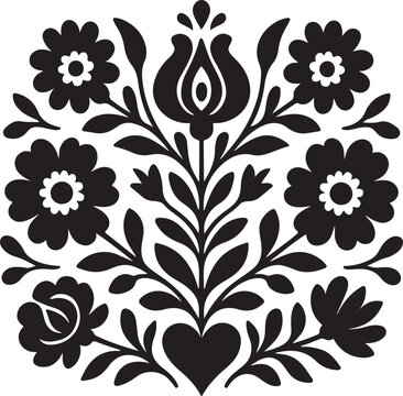 Traditional hungarian folk art floral pattern with stylized flowers, leaves, and a heart motif in black and white vector design. isolated on white background, Vector, illustration