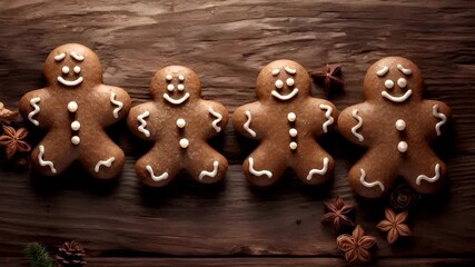 A rustic wooden backdrop adorned with gingerbread men and star anise, creating a festive holiday scene.