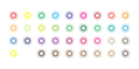 Collection of colorful glowing circles with white core on transparent backdrop