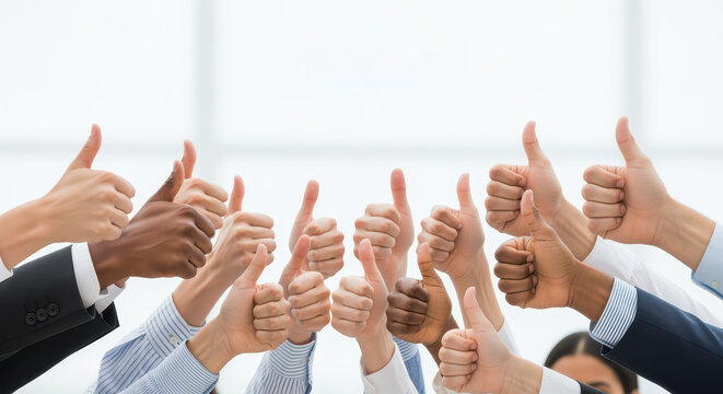 Multiple hands giving thumbs up, symbolizing approval and positivity in collaborative environment. This captures essence of teamwork and encouragement