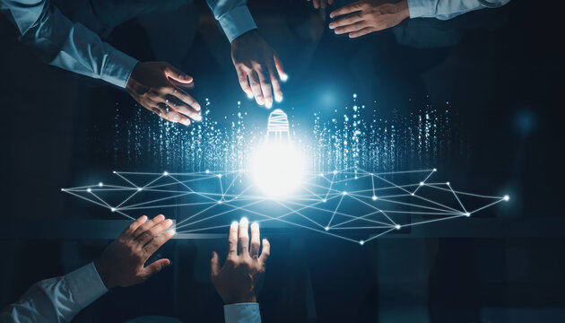 Innovative technology concept showcasing hands reaching towards glowing light source, symbolizing collaboration and creativity digital environment. scene emphasizes teamwork and futuristic ideas