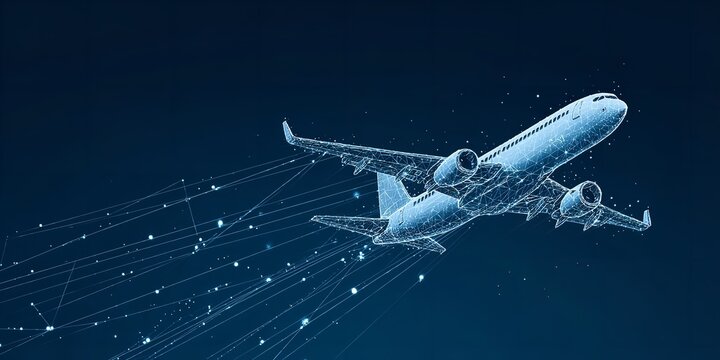 Digital airplane illustration soaring through the night sky with connected data points representing travel and technology networks