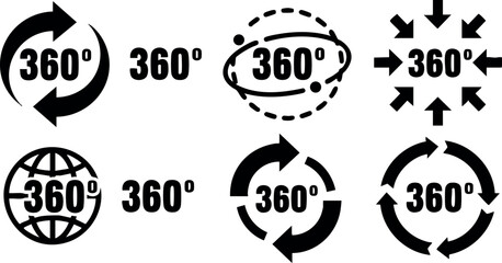 360 degree icons set with rotation arrows and globe symbols for full circular movement and direction indication vector illustration