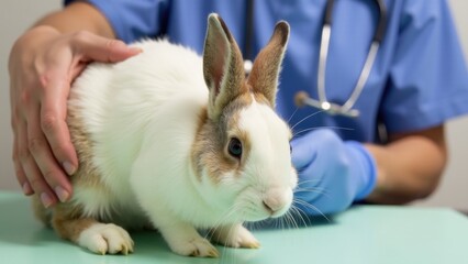 A veterinarian holds a rabbit during an examination