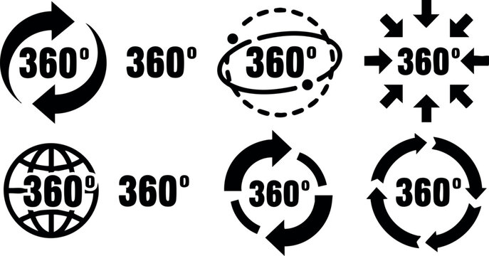 360 degree icons set with rotation arrows and globe symbols for full circular movement and direction indication vector illustration