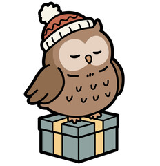 Owl on Gift (Color) – Cute Christmas Bird