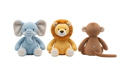 Isolated toys featuring an elephant, lion, and monkey in stuffed animal design, play set, cuteness