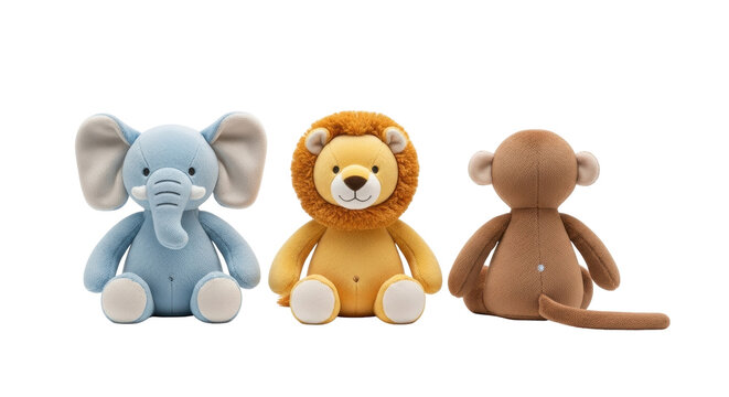 Isolated toys featuring an elephant, lion, and monkey in stuffed animal design, play set, cuteness