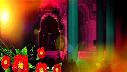 Vibrant Architectural Interior with Floral Accents and Abstract Light Effects