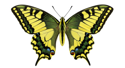 Isolated old world swallowtail butterfly, a yellow and black Papilio machaon on display