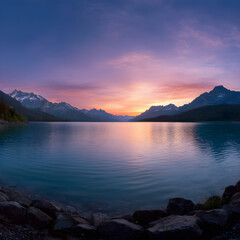 Tranquil Lake at Sunset A Landscape of Calm Waters, Mountains, and Colorful Sky