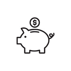 A simple line drawing of a piggy bank with a dollar coin on top in black and white design style