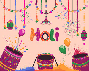 Holi festival vibrant color celebration with powder splashes dhol drums lanterns balloons and confetti on pastel backdrop ideal for festival posters invitations banners and social media promotions