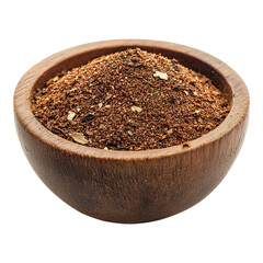 An overhead view of a wooden bowl filled with various spices