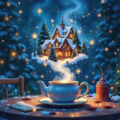 Fototapeta premium Steam rising from a teapot transforms into a fairy-tale cottage in a magical winter forest
