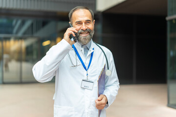 Happy senior doctor phoning with smartphone and clipboard