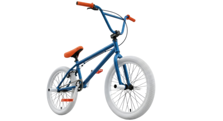 Isolated blue BMX bicycle, a detailed action sport vehicle with bright orange handlebar grips