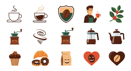 Various flat-style icons illustrating coffee drinks, beans, equipment, and pastries