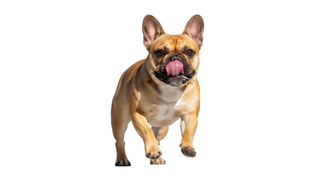 Isolated French Bulldog running forward with tongue out in an excited manner, joyful animal