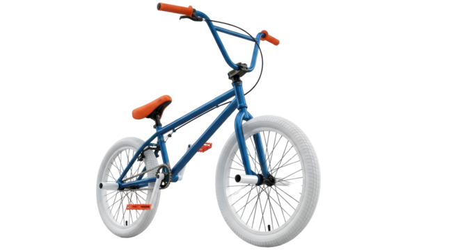 Isolated blue BMX bicycle, a detailed action sport vehicle with bright orange handlebar grips