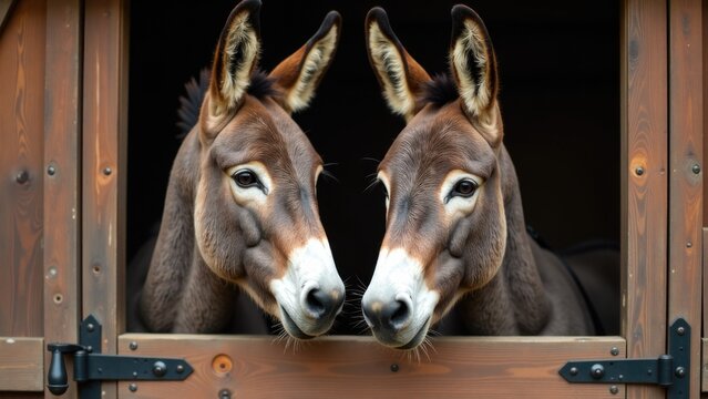 Two donkeys peering out of a stable window, curious and gentle