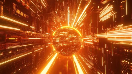 Futuristic sphere generating orange neon light inside cyber tunnel