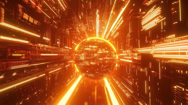 Futuristic sphere generating orange neon light inside cyber tunnel - Powered by Adobe