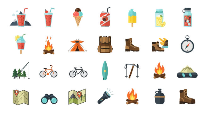 A grid of colorful flat-style icons representing outdoor activities, camping, and drinks