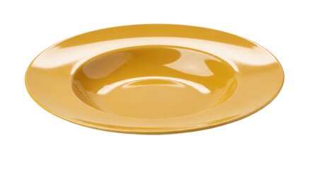 Isolated golden-yellow soup plate made of ceramic, kitchen tableware, empty elegant dishware