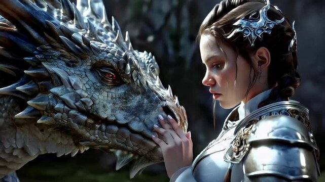 A detailed digital artwork of a dragons eye and a female figure. The dragons scales are intricately patterned, and its eyes are a striking shade of red. The female figure is adorned in ornate armor.