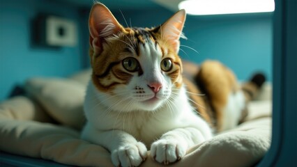 A domestic cat lying on top of a bed in a cozy room