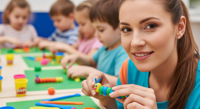 Young Caucasian female kindergarten teacher helping children make clay crafts during a typical day in preschool