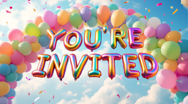 Colorful balloon text saying you’re invited with rainbow letters and confetti
