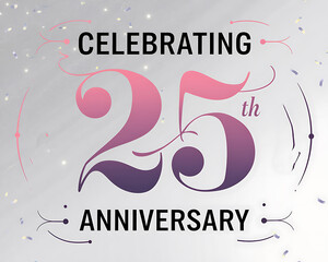 Twenty-five anniversary emblem with gradient 25 numeral inside black medallion, surrounded by pink and gold confetti ribbons and ornamental swirls; elegant celebration badge for milestone events