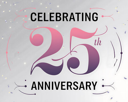 Twenty-five anniversary emblem with gradient 25 numeral inside black medallion, surrounded by pink and gold confetti ribbons and ornamental swirls; elegant celebration badge for milestone events