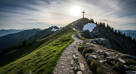 Scenic mountain path leading to a cross on a summit at sunset.