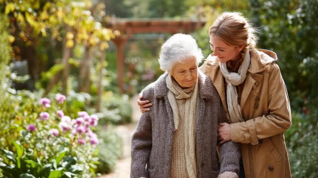 An elderly woman is assisted by a younger person, walking in a garden. Soft lighting