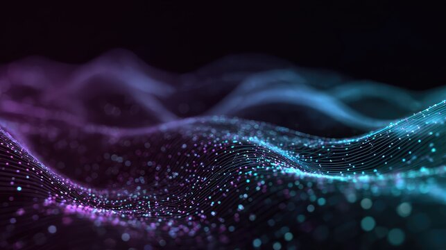 Digital data network connecting particles forming abstract wave