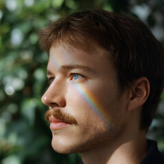 Fototapeta premium Illuminated Portrait Man with Rainbow Light on Face Against Green Foliage and Natural Beauty