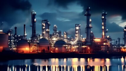 Oil refinery. A detailed, highresolution digital artwork of an industrial facility at night. The facility is illuminated by artificial lights, casting a warm. - Powered by Adobe