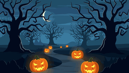Spooky Halloween Night Path with Glowing Jack-o'-Lanterns and Eerie Bare Trees under a Crescent Moon