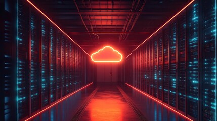Cloud computing data center with glowing neon lights