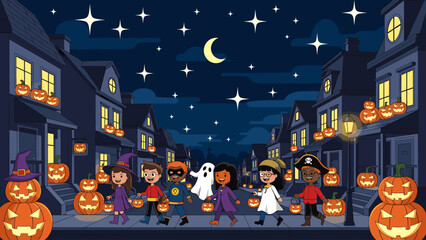 Diverse group of children in costumes trick-or-treating on a festive Halloween night street with glowing jack-o'-lanterns.