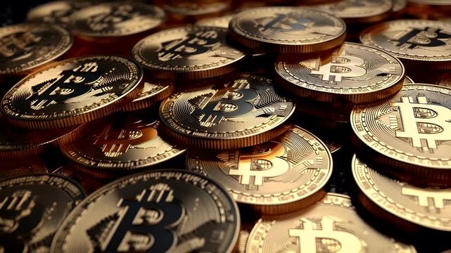 A closeup view of a pile of Bitcoin coins. The coins are gold and silver in color, with the Bitcoin logo prominently displayed on each coin. The texture of the coins appears shiny and reflective.