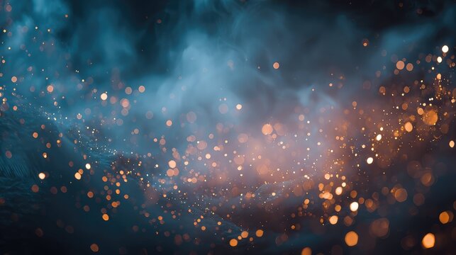 Dark abstract background with glowing gold particles and blue smoke