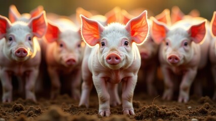 A close-up view of a group of pigs standing side by side, often used for farm or agricultural themed projects