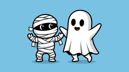 Adorable Cartoon Mummy and Friendly Ghost Characters for Halloween on Blue Background