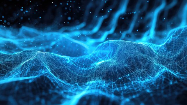 Abstract blue digital wave network connecting data particles